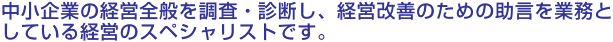 中小企業の経営全般を調査・診断し、経営改善のための助言を業務としている経営のスペシャリストです。